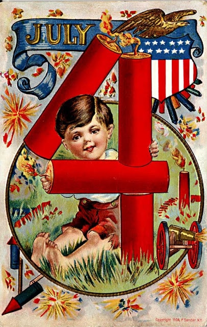 Vintage 4th of July postcard image - boy with firecrackers