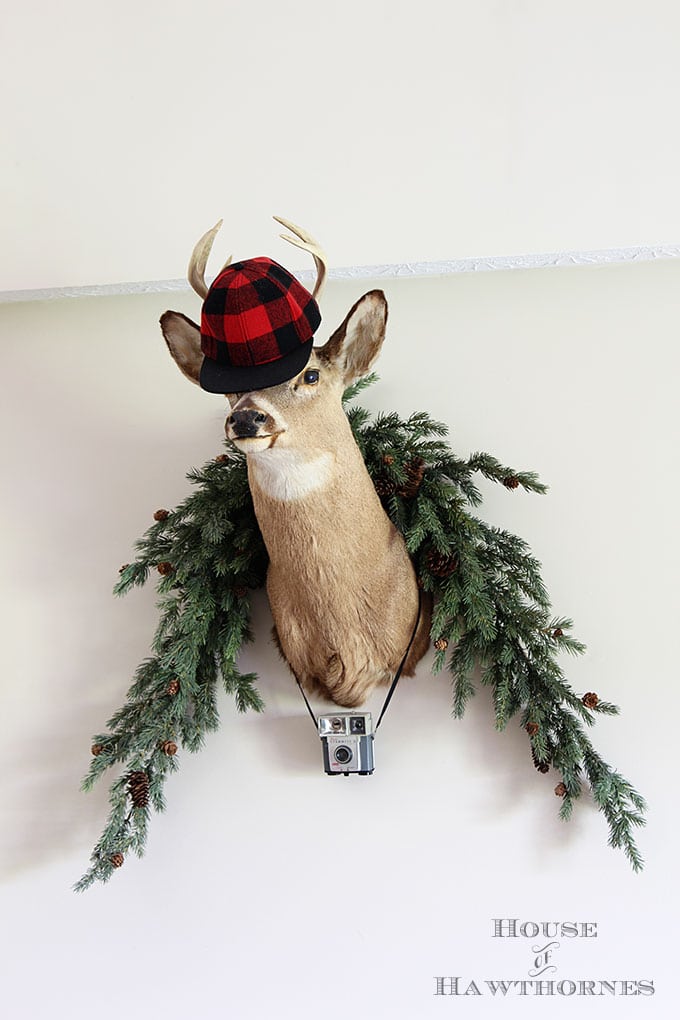 Buffalo check hat being worn by a Christmas deer