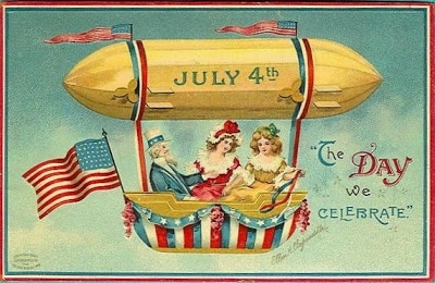 Vintage 4th of July postcard image - dirigible airship