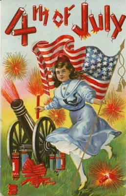Vintage 4th of July postcard image - girl with cannon 