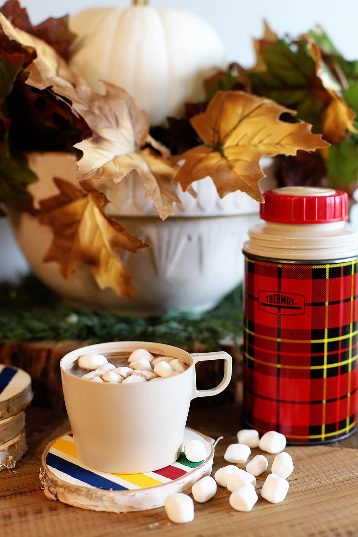 DIY painted birch wood coasters with Hudson Bay blanket design