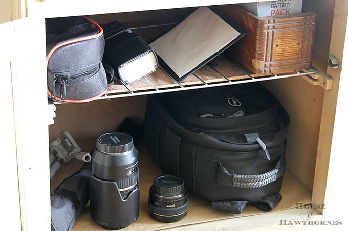 Antique farmhouse cabinet used for camera gear storage