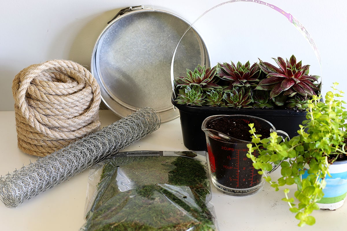 Supplies needed to make a nautical farmhouse style succulent planter.