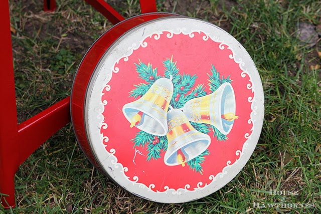 Christmas cookie tin with vintage bells and greenery on front.  Very 1950's.