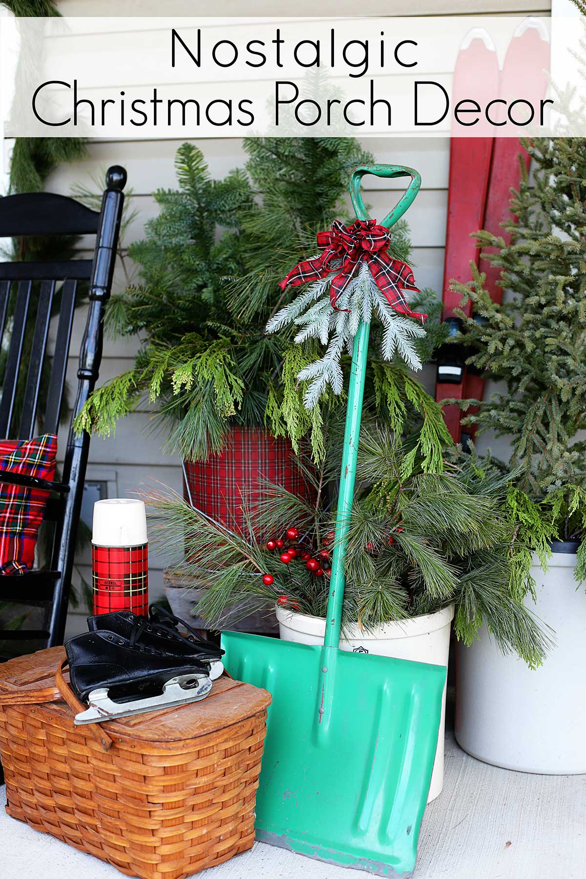 pinnable image for nostalgic Christmas porch decor