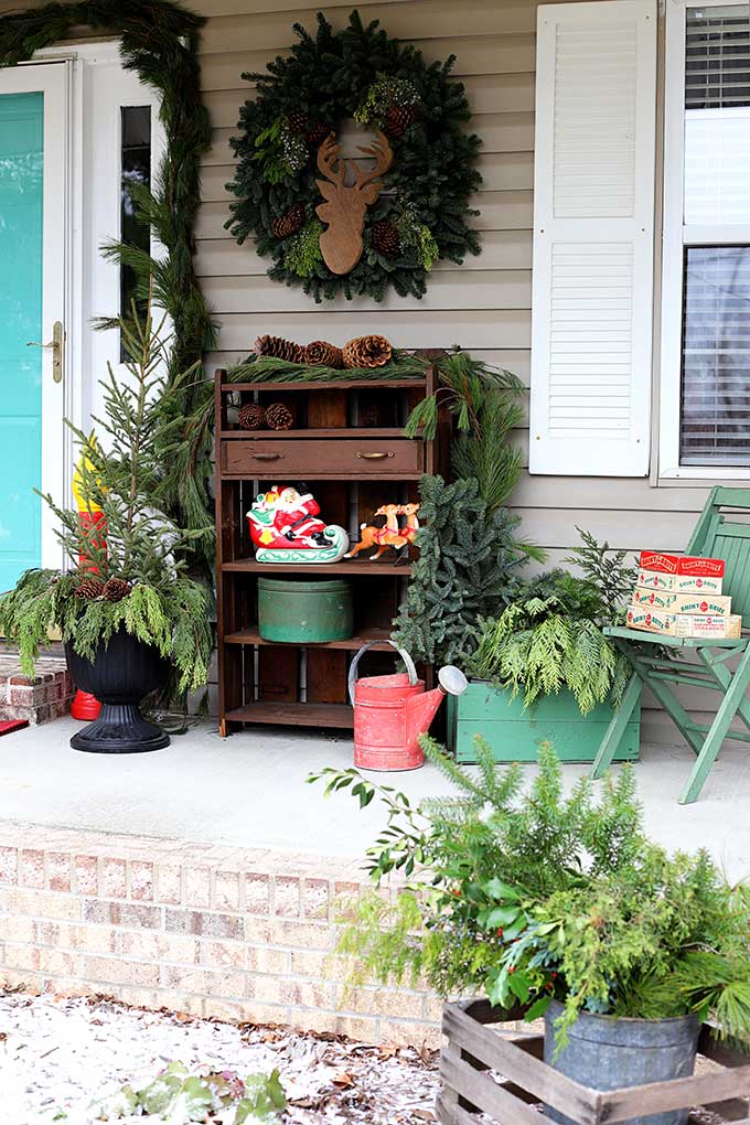 Festive outdoor front porch decorations for Christmas