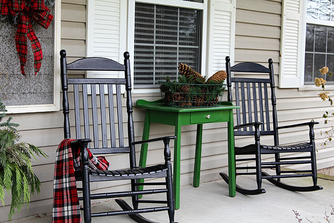 Festive Christmas porch decorations that transition easily from Christmas to winter are found on our rustic, farmhouse, plaid and nature inspired porch.