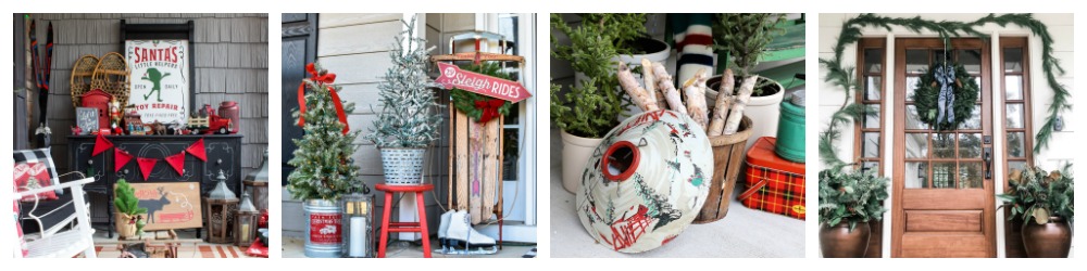 collage showing four porches decorated for Christmas