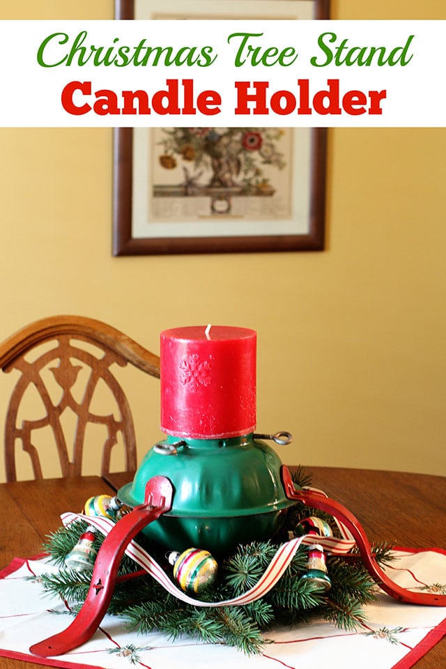 Super cute holiday candle holder repurposed from a Christmas tree stand. What a great DIY upcycle project for the holidays!