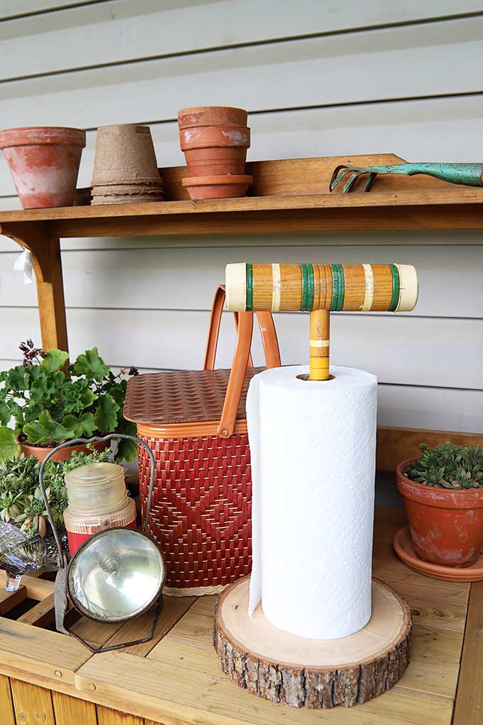 Croquet mallet repurposed into a paper towel holder! 