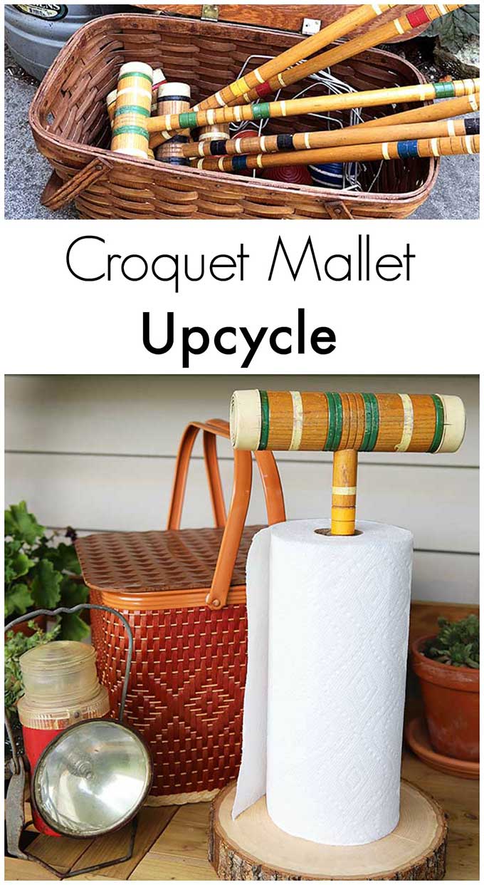 A whimsical DIY paper towel holder made from a croquet mallet. Super cute idea for picnics and summer barbecues! #upcycle #upcycling #repurpose #diy #summer