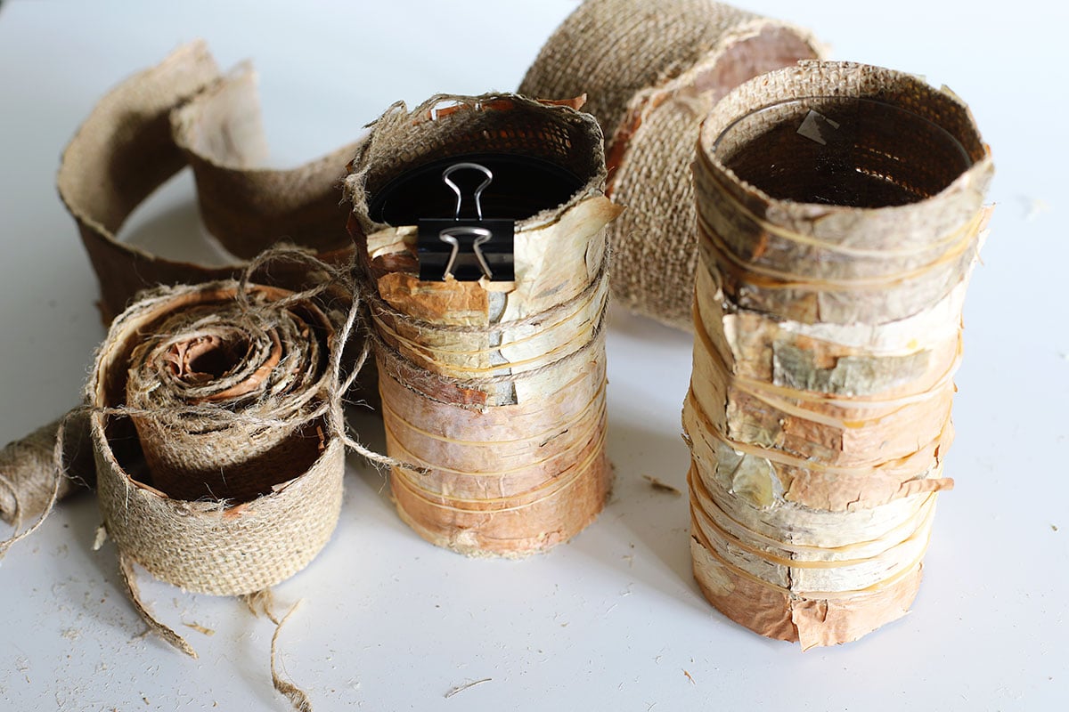 DIY birch bark candles drying