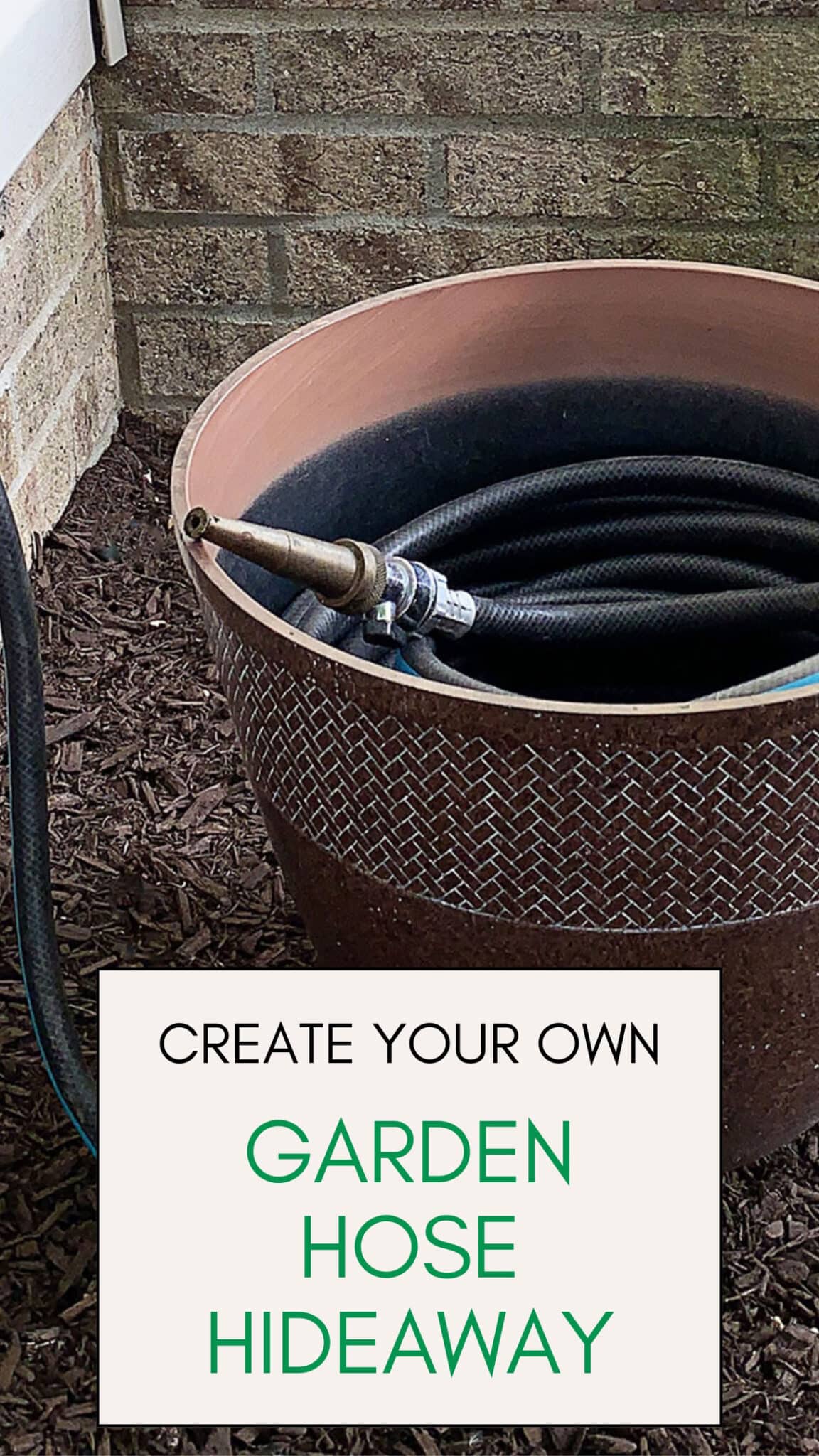 Learn how to create your own Garden Hose Hidaway - brown pot with a black and blue garden hose.