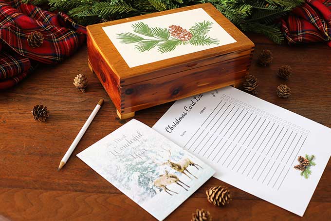 Upcycled thrift store cedar box turned into Christmas Card Organizer