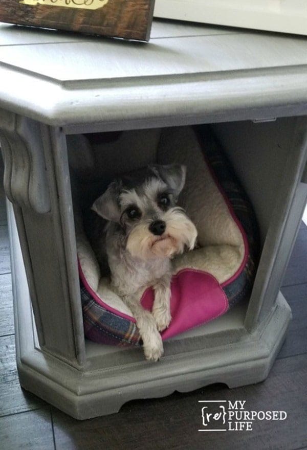 Upcycling an end table into a dog bed