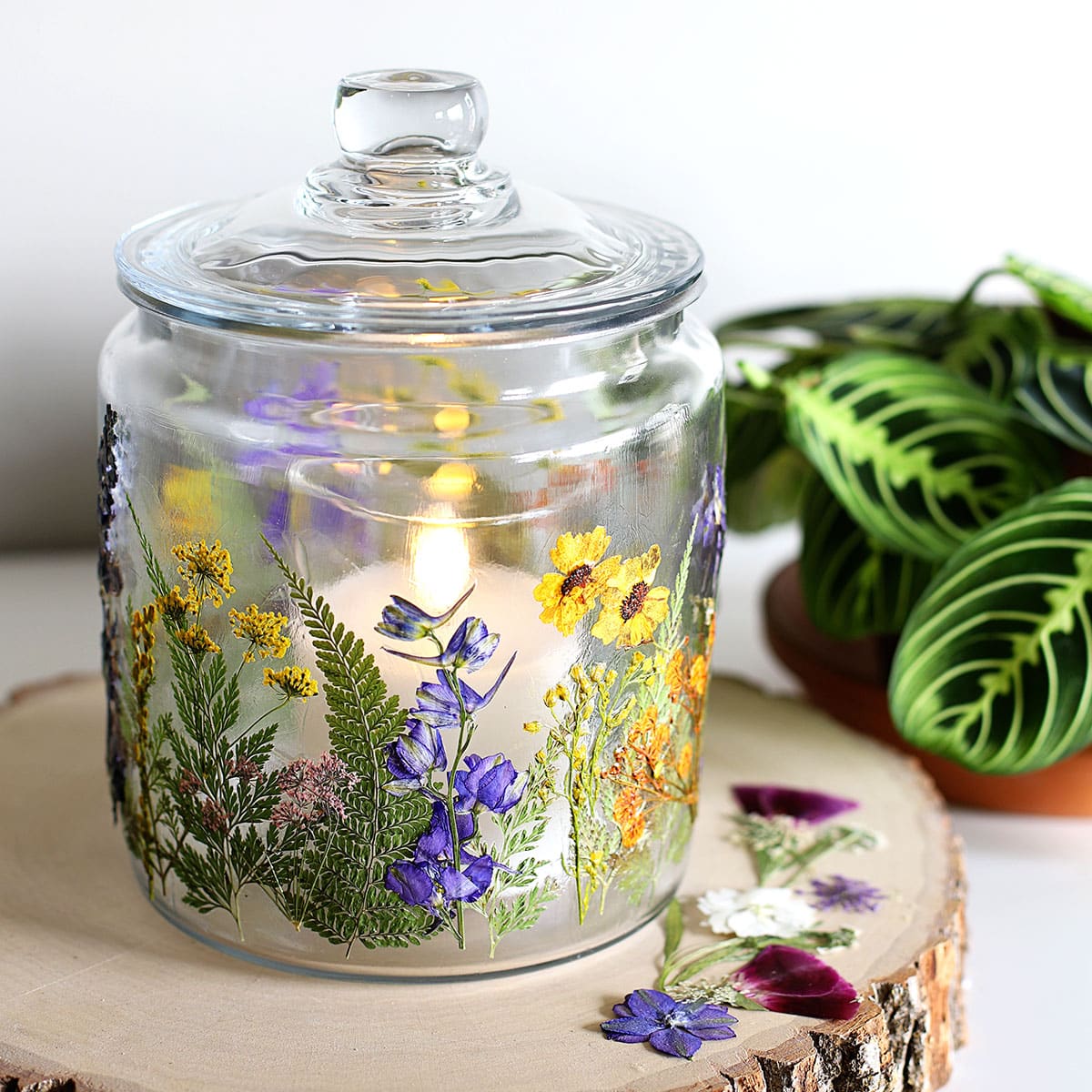 Glass jar decoupaged with dried pressed flowers setting on a wooden tree slab.