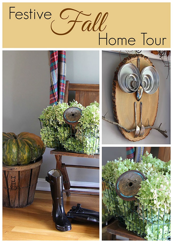 LOTS of fun fall home decor inspiration, including quick and easy ideas for fall decor in the entryway using hydrangeas, pumpkins and thrift store finds.