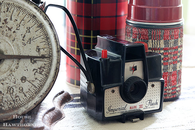 Vintage Imperial Mark XII camera is part of a fall apple vignette for the kitchen table via houseofhawthornes.com