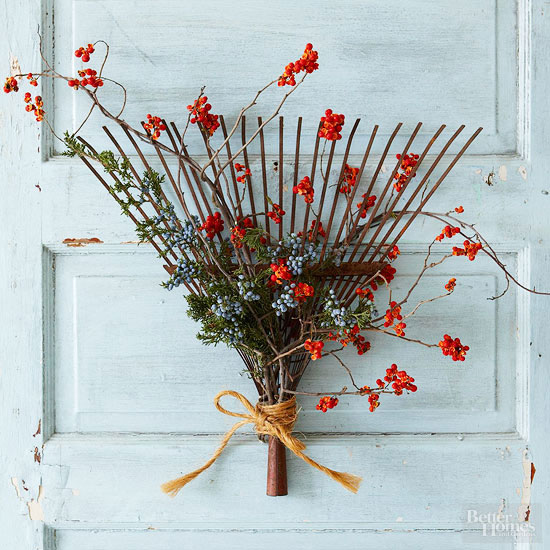 Fall wreath made from a rake from Better Homes & Gardens