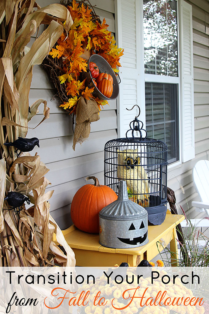 Quick and easy Halloween decorating ideas for your porch. An inexpensive way to transition the porch from fall to Halloween decor with just a few additions. 