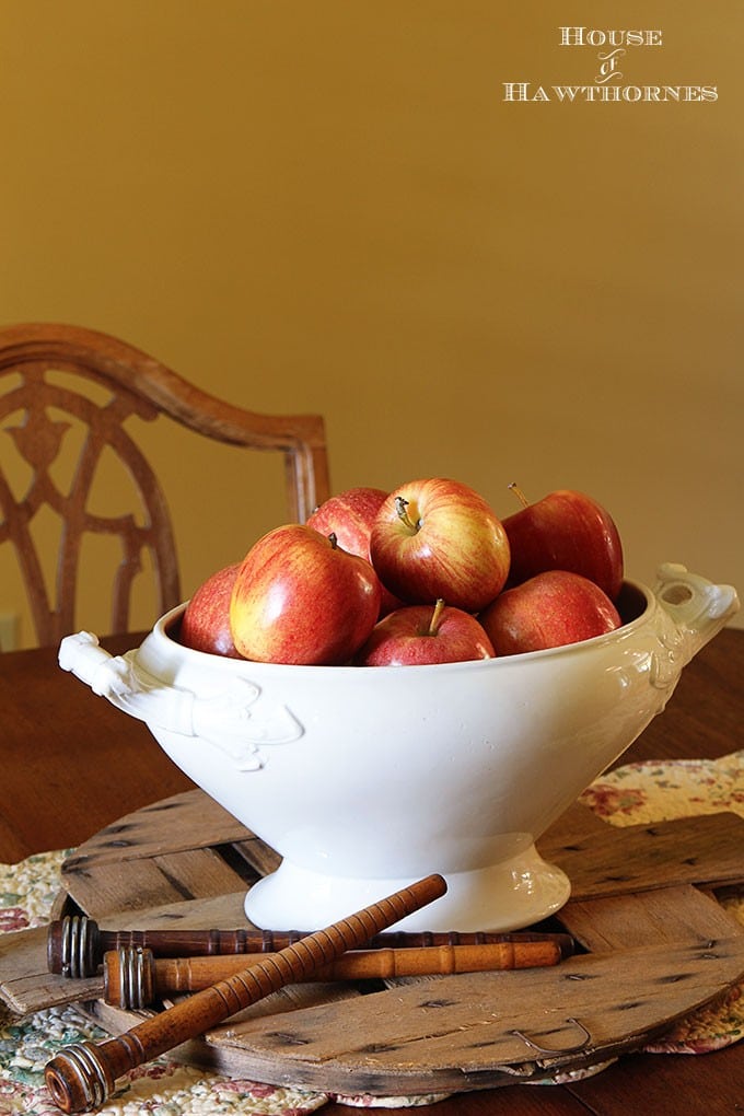 Using apples to create an inexpensive fall centerpiece in addition to other cheap, quick and easy DIY fall home decor ideas. 