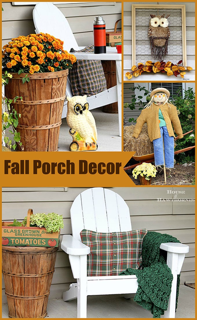 Farmhouse fall porch decor with an eclectic vintage touch. Most items were either thrift store finds or are quick and easy fall DIY projects.