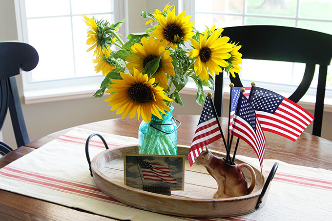 Sunflowers and flags used in a 4th of July display