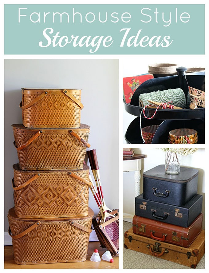 Farmhouse storage ideas to give you the farmhouse look and organize your life at the same time. Vintage suitcases, picnic baskets, toolboxes and more. #farmhousedecor ##organizationideas #organizing #organizationtips #organizationhacks #vintagestyle 