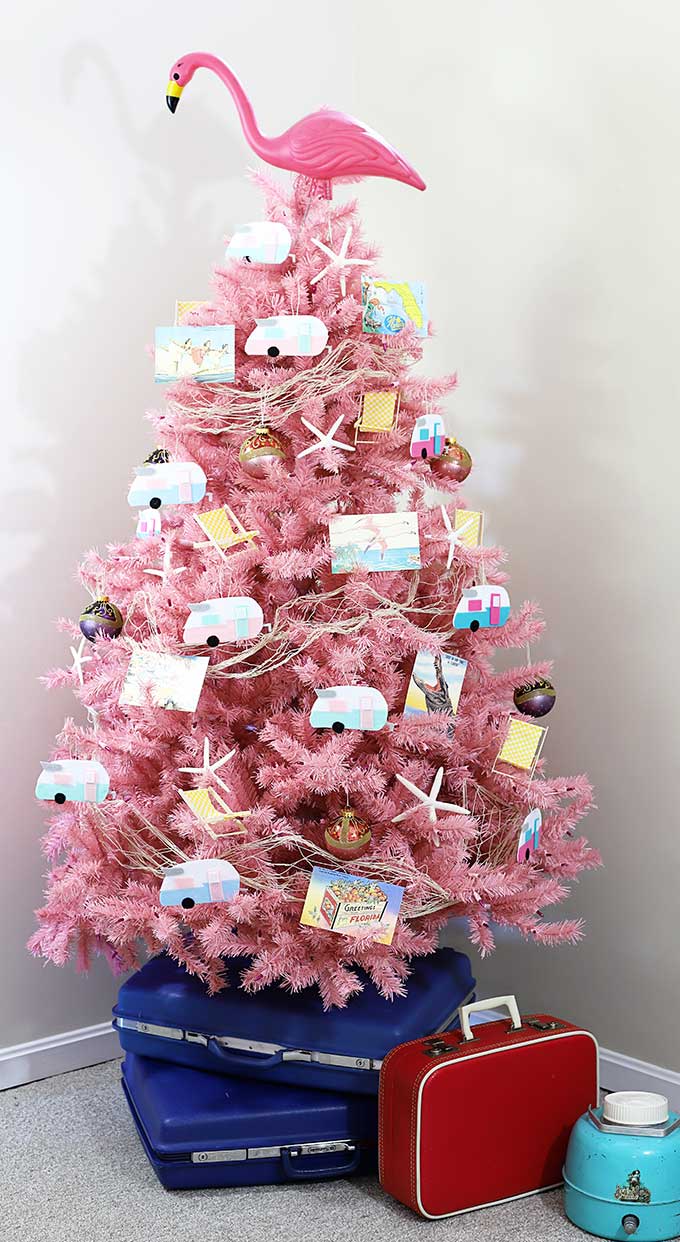 Pink flamingo and vintage camper Christmas tree