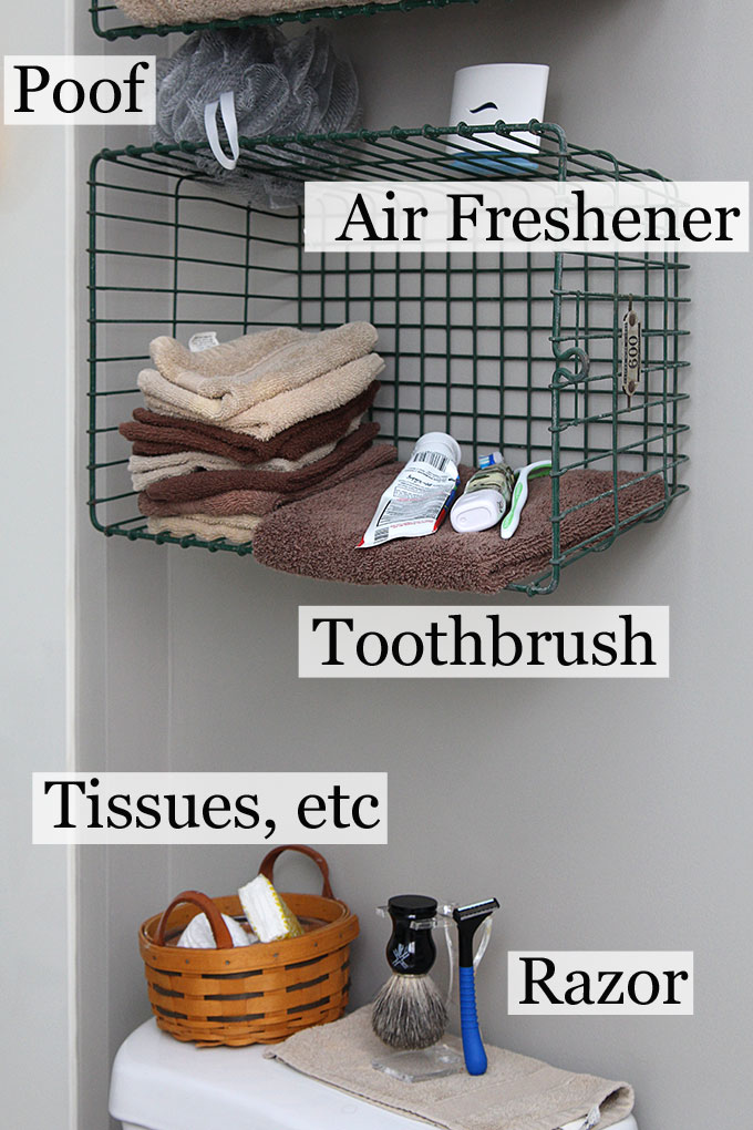 Shelving in a bathroom made from a gym basket