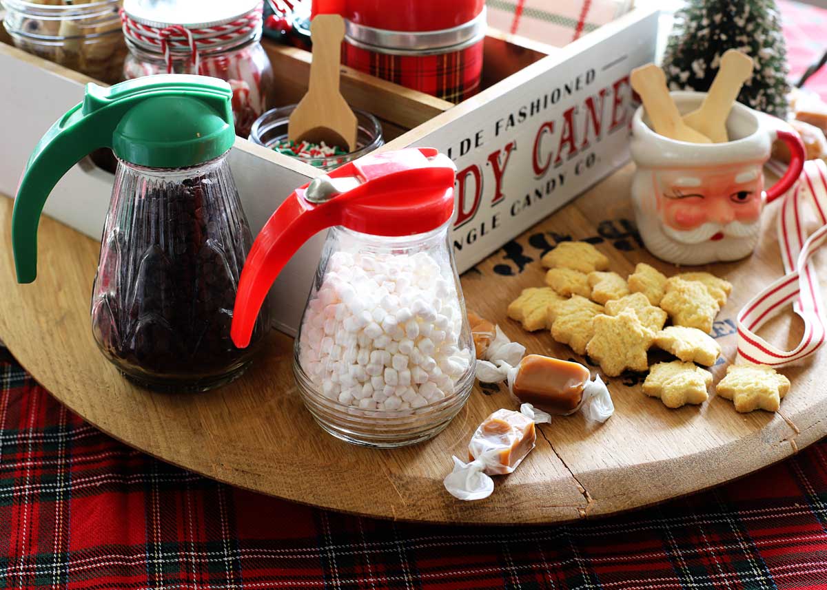 syrup pitchers used as marshmallow and chocolate chip dispensers 