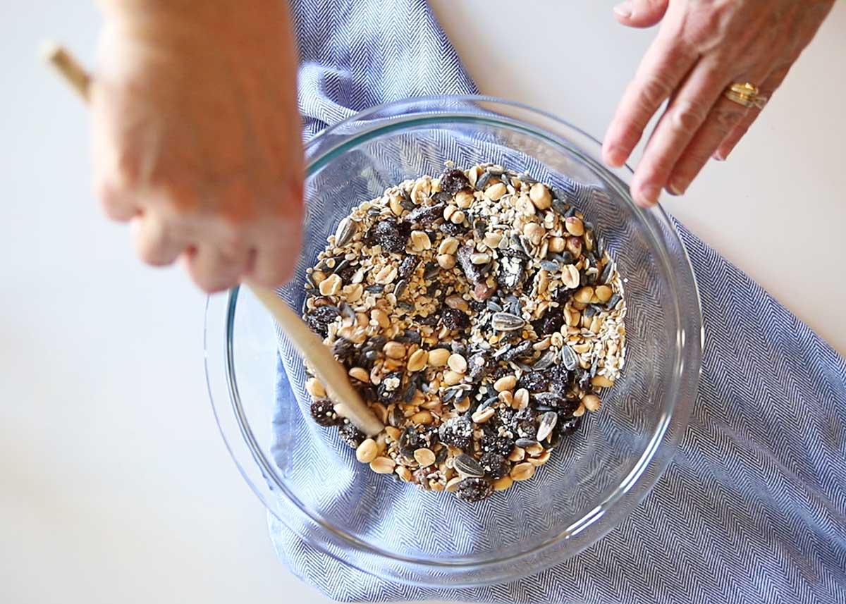 Mixing birdseed for suet cakes