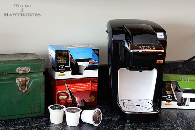 DIY Keurig K Cup storage using vintage home decor and thrift store finds.