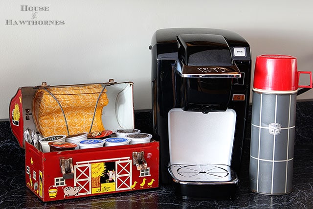 DIY Keurig K Cup storage using vintage home decor and thrift store finds.