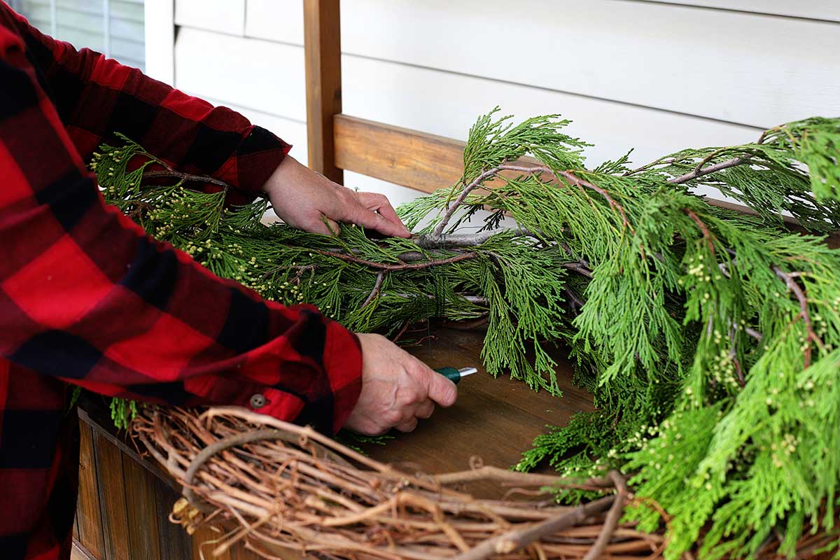 wrapping paddle wire around greens to keep them attached to wreath