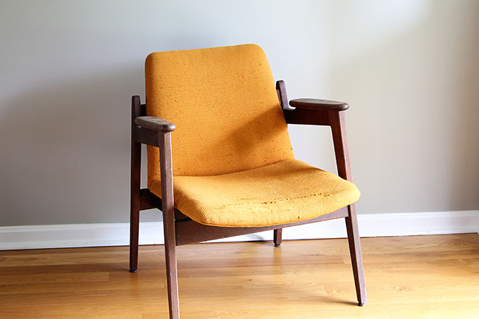 A fun and stylish Mid Century Modern chair restoration including reupholstering and wood refinishing. A DIY project that can be accomplished in a weekend.