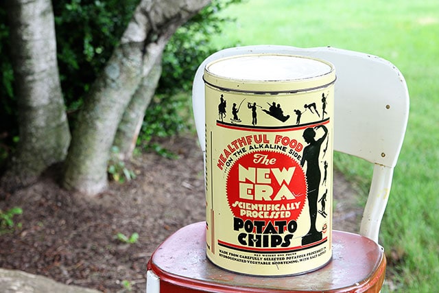 Vintage New Era Potato Chip can with strange marketing ideas - early Frito-Lay product