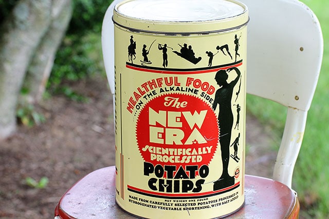 Vintage New Era Potato Chip can with strange marketing ideas - early Frito-Lay product