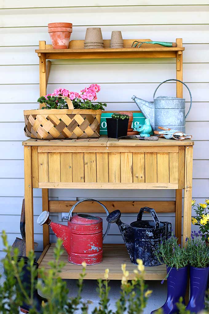 Outdoor potting bench with storage - can double as a serving station for summer entertaining