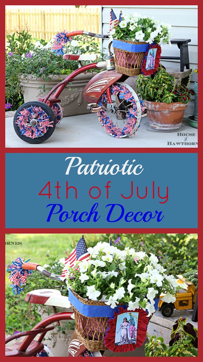 A vintage little red Tricycle decorated for the 4th of July with patriotic crepe papers, flags and flowers. A cute DIY project for patriotic porch decor. 