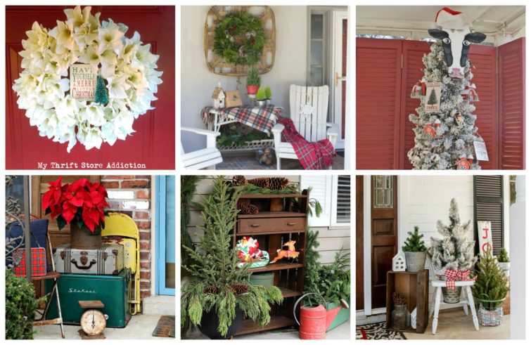 collage photo featuring four Christmas porches