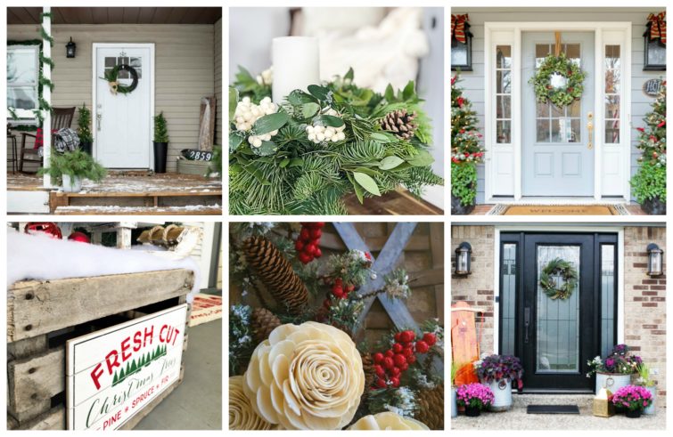 collage photo featuring four Christmas porches