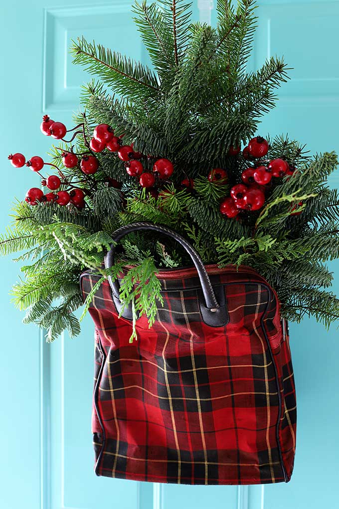 Upcycled plaid tote for Christmas decor