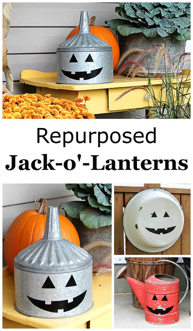 A super cute repurposed Jack-o'-Lantern for Halloween made from a galvanized funnel. A quick and easy DIY project for fall!