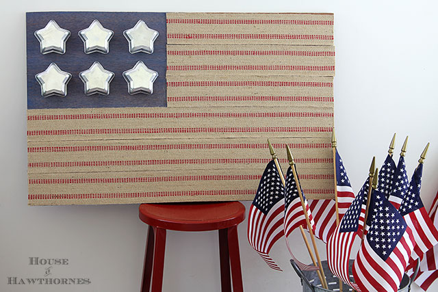 DIY Rustic Flag Made With Tin Star Jello Molds And Jute Upholstery Webbing