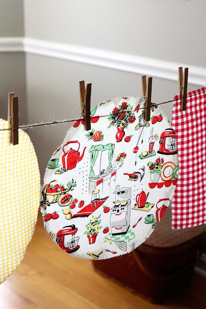 Drying beeswax food covers on a clothesline