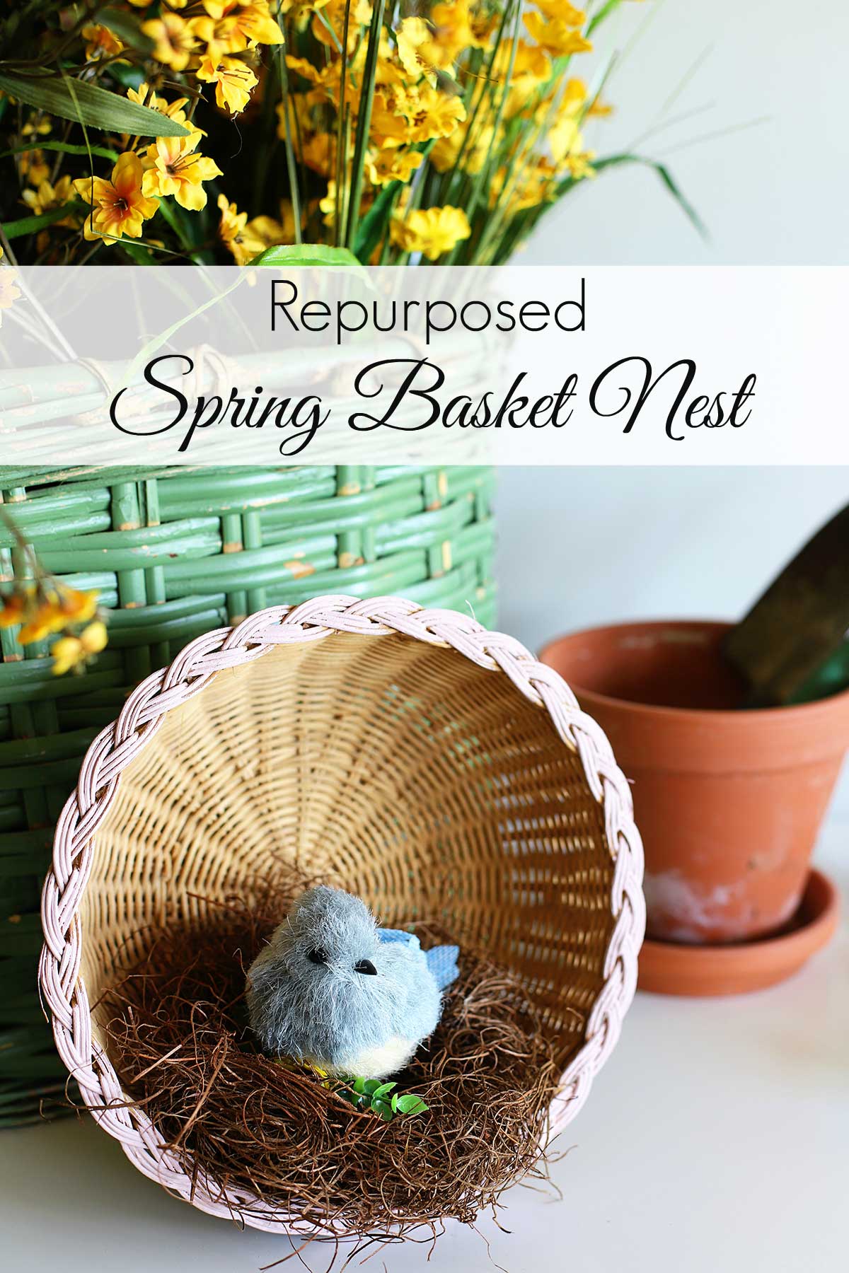 Spring bird nest from repurposed thrift store basket