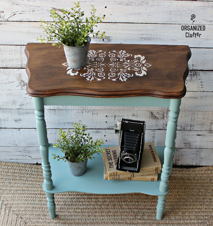 Thrift store table painted with Dixie Belle Chalk Paint and enhanced with a stencil.