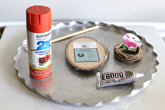 supplies for repurposing serving tray into fall pumpkin 