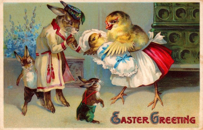 Easter bunny and chick with babies - super cute vintage Easter postcards and printables for your spring DIY projects and crafts!